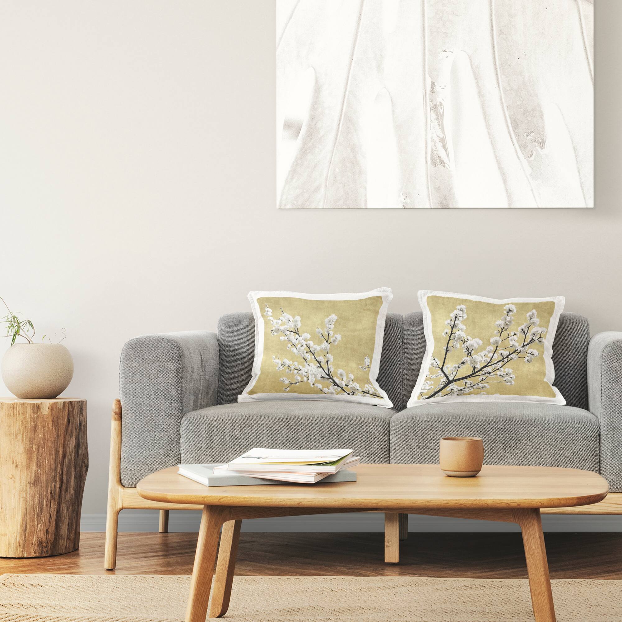 Stupell Industries White Cherry Blossom Branches Neutral Tan 2 Pillows, Each 18" x 18"